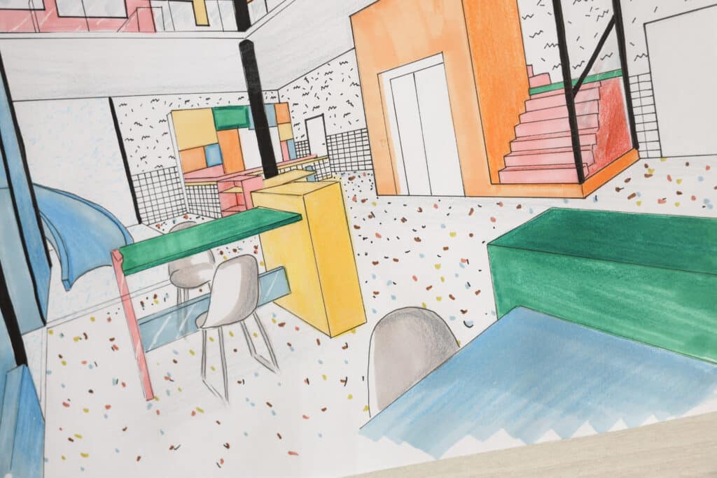 Dessin en perspective d’un espace intérieur coloré conçu par un étudiant en architecture d’intérieur à l’IFFDEC.