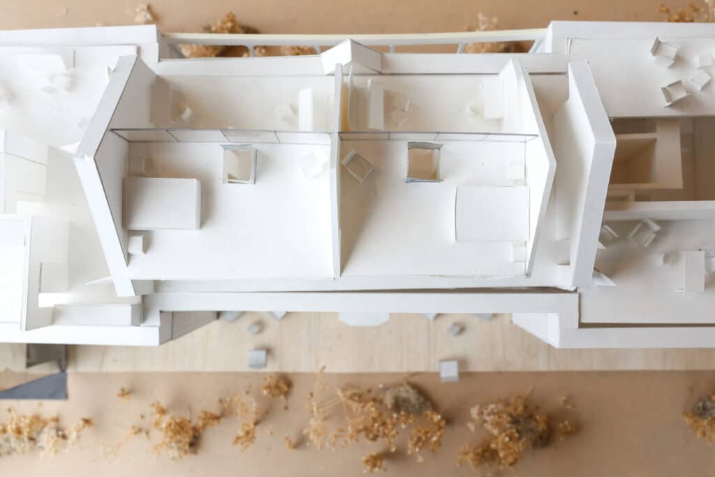 Vue de dessus d’une maquette architecturale réalisée par un étudiant de l’IFFDEC Rennes.
