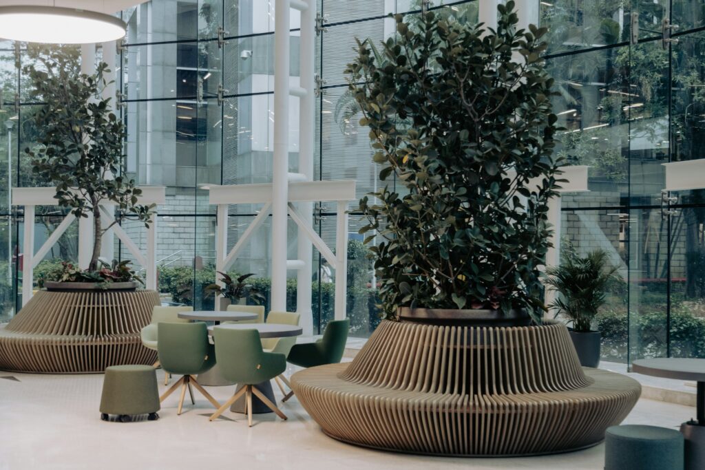 entrée avec arbres intégrés en design biophilique